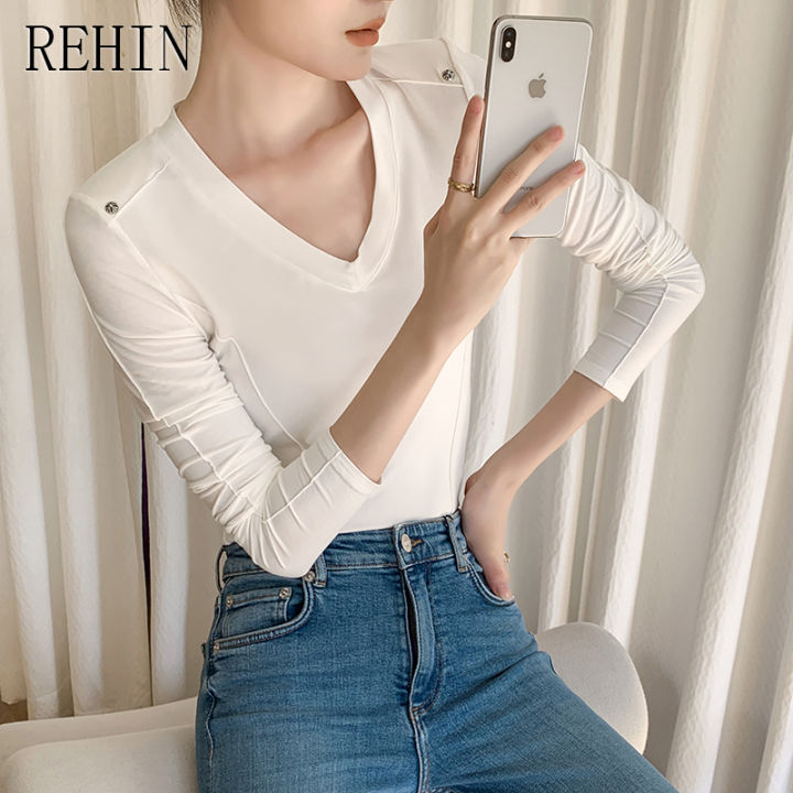 rehin-เสื้อยืดแขนยาวกุ๊นรูปตัวยูสำหรับผู้หญิง-เสื้อสตรีมีสไตล์ไม่ซ้ำใครดีไซน์สวยหรูเสื้อคอวีไหล่บุนวม