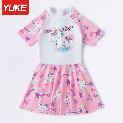Childrens swimsuit girl baby quick-drying cute pink skirt cartoon pattern unicorn one-piece with underpants swimsuit new swimming equipment