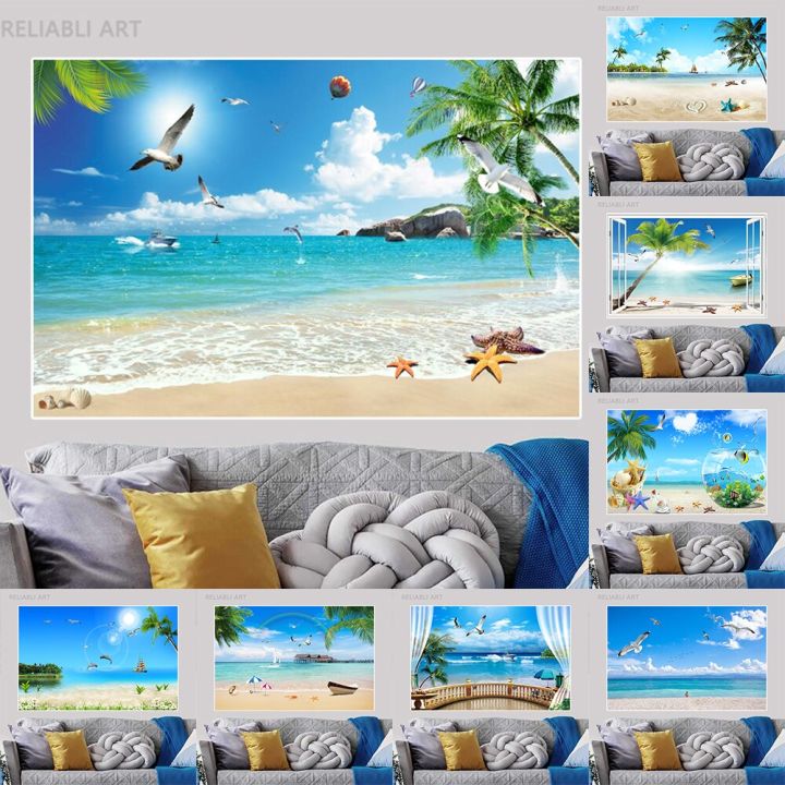 newseaside-scenery-ภาพวาดผ้าใบ-beach-seascape-ปาล์มต้นไม้โปสเตอร์พิมพ์-seagull-ปลาดาว-wall-art-สำหรับ-porch-ห้องนั่งเล่น-decor