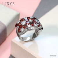 Lenya Jewelry แหวนโกเมน(Garnet) ประดับด้วยคิวบิกเซอร์โคเนีย (Cubic Zirconia) ตัวเรือนเงินแท้ 925 ชุบทองขาว