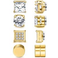 4 Pairs of Stainless Steel Magnetic Earrings For Men and Women Gold CZ Non-perforated Clip Earrings Set 8mm