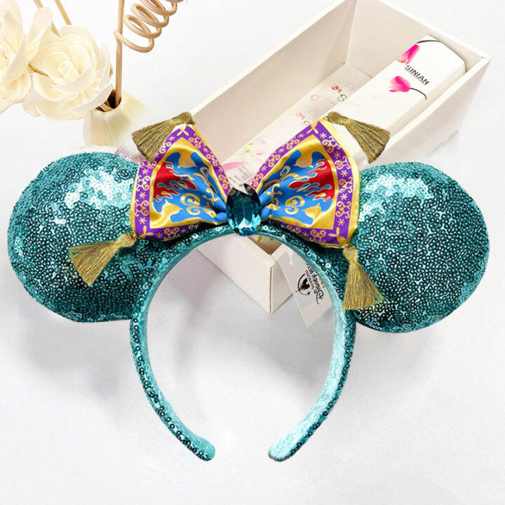 mickey-hair-bow-aladdin-movie-magic-car-headband-jasmine-land-cartoon-tassel-mint-green-gem-headwear-decoration-gift