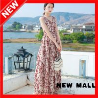 NEW MALL 2022 Summer Korean Version Floral Skirt Waist Large Size V-Neck Sleeveless Dress Temperament Thin Printing Beach Skirt Women