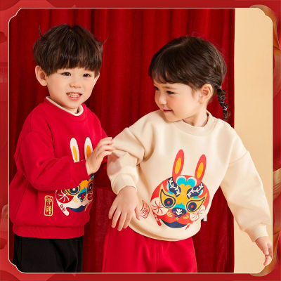 เสื้อผ้าปีกระต่ายสำหรับฤดูหนาว,เสื้อสเวตเตอร์ปีใหม่สำหรับเด็กผู้ชาย Hanfu เสื้อผ้าเด็กเด็กทารกหญิงบวกกำมะหยี่สีแดงเสื้อผ้าเด็ก
