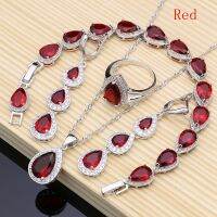 Water Drop Silver 925 Jewelry Red Ruby White Topaz Jewelry Sets Women Long EarringsPendantNecklaceRingscelet Dropshipping