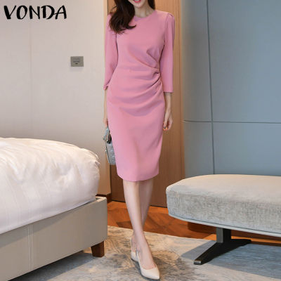 (จัดส่งฟรี)ชุดเดรสจีบสั้นสำนักงานทางการของผู้หญิง Fancystyle VONDA ลำลองธุรกิจชุดเดรสคอกลมแขน3/4