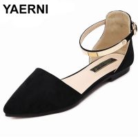 YAERNI รองเท้าผู้หญิงไซส์35-42รองเท้าบัลเล่ต์ไม่มีส้นปลายแหลมพร้อมรองเท้าส้นเตี้ยโลหะสายรัดข้อเท้าหัวเข็มขัดสตรีพื้นแบน