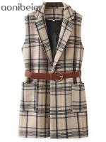 Aonibeier 2022 Woman Casual Traf Gilet Spring Sleeveless Patch Pockets Slim Plaid Jacket Female Waistcoat Long Vest with Belt