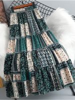 SURMIITRO Midi Long Pleated Skirt Women 2023 Spring Summer Green Khaki Bohemian Print Elegant A Line High Waist Skirt Female