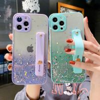 เคสตั้งข้อมือใสไล่ระดับสีแวววาวสำหรับ IPhone 15 Pro 11 12 13 14 Pro Max XR XS Max 8 7 Plus X ซองนุ่มใส