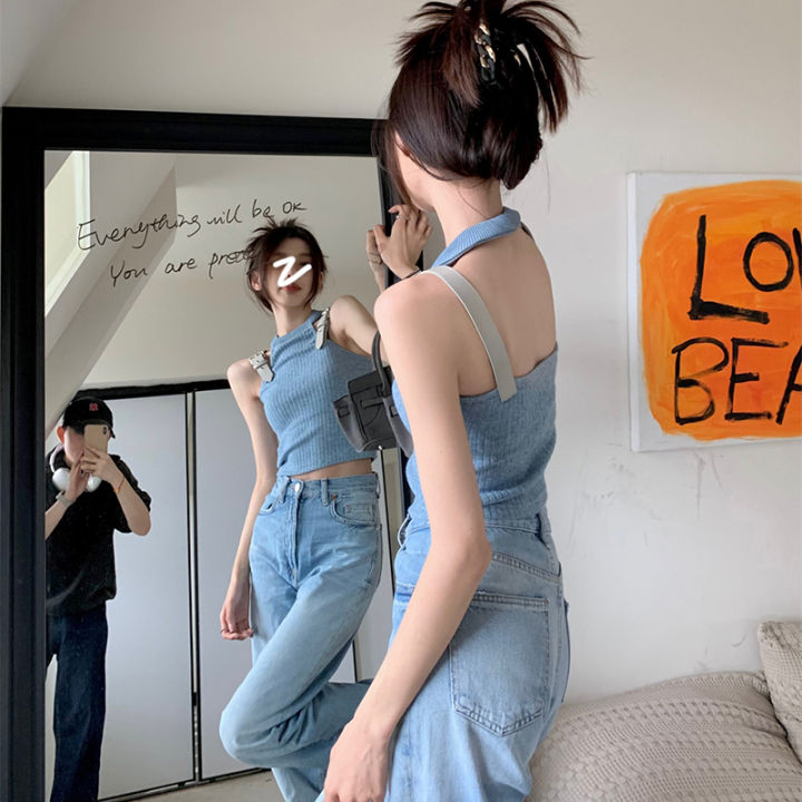 huilun-เสื้อสายเดี่ยวคล้องคอฤดูร้อนแฟชั่นของผู้หญิงเสื้อกล้ามแบบถักเพรียวเซ็กซี่ไม่มีแขนเปิดหลัง