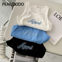 PEAR DODO เสื้อกล้ามถักลายภาษาอังกฤษตัวสั้นเซ็กซี่สำหรับผู้หญิงปักลายถักแบบเกาหลี