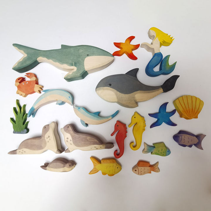 Wood Animal Figures Toys Learning Sea Animals Toys Kids Whale Fish Mermaid  Figure Cognition Early Educational Toys for Children 