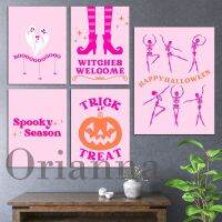 Retro Halloween Wall Art Prints-โปสเตอร์ฮาโลวีนสีชมพูที่มีฟักทองและโครงกระดูก-ห้องนั่งเล่นที่สมบูรณ์แบบ Cuadros Home Decor Gift