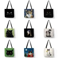 【Lanse store】Black Cat Print Animal Art Painting Shopping Hand Bag Women Shoulder Eco Large Graphic Tote Shopper  for Boutique