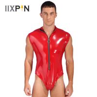 Men Catsuit Sleeveless Wet Patent Leather Bodysuit Clubwear Swimwear Shapers Leotard