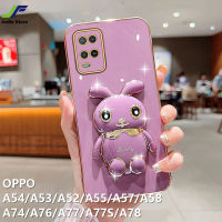 เคสโทรศัพท์กระต่ายที่สวยงามสำหรับ OPPO A54 / A57 / A52 / A53 / A55 / A58 / A74 / A76 / A77 / A77S / A78/A83การ์ตูนน่ารักชุบโครเมี่ยมที่คลุมโทรศัพท์ TPU แบบน่ม + ขาตั้ง