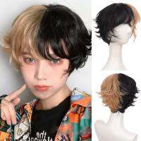 Short Pix Cut Straight Black White Yellow Half Cosplay Anime Costume Halloween Wigs Synthetic Hair With Bangs For Men Boy Women