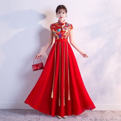 ชุดเดรสซาติน Cheongsam เจ้าสาวสีแดงแต่งงานชุดย้อนยุคกี่เพ้าผู้หญิงจีนชุดจีน Qipao Robe Orientale