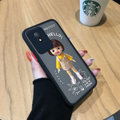 GGK เคสโทรศัพท์แบบแข็งสำหรับ Vivo Y02T Y02A ลายการ์ตูนน่ารักสั้นเด็กผู้หญิงมีน้ำค้างแข็งโปร่งใสกรอบหลังแบบเต็มรูปแบบกันกระแทกเคสป้องกันกล้อง