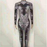 y Silver Rhinestones Black Long Sleeve Jumpsuit Women Gold Performance Glass Crystal Bodysuit Nightclub Bar Costumes XS1527
