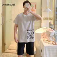 GAODINGLAN New Summer Men Short Sleeve Pajamas Set O Neck Cotton Shorts Pyjamas Suit Bear Print Male Sleepwear Home Clothes 2805