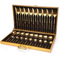 24Pcs Gold Dinnerware Set Tableware Set Knife Fork Spoon Luxury Cutlery Set Gift Box Flatware Dishwasher Safe Stainless Steel