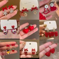 ▦๑✗ New Years Autumn/Winter 2022 Christmas Earrings Senior Feeling Light Luxury Temperament Wholesale Korea Heart-Shaped Silver Red Earrings