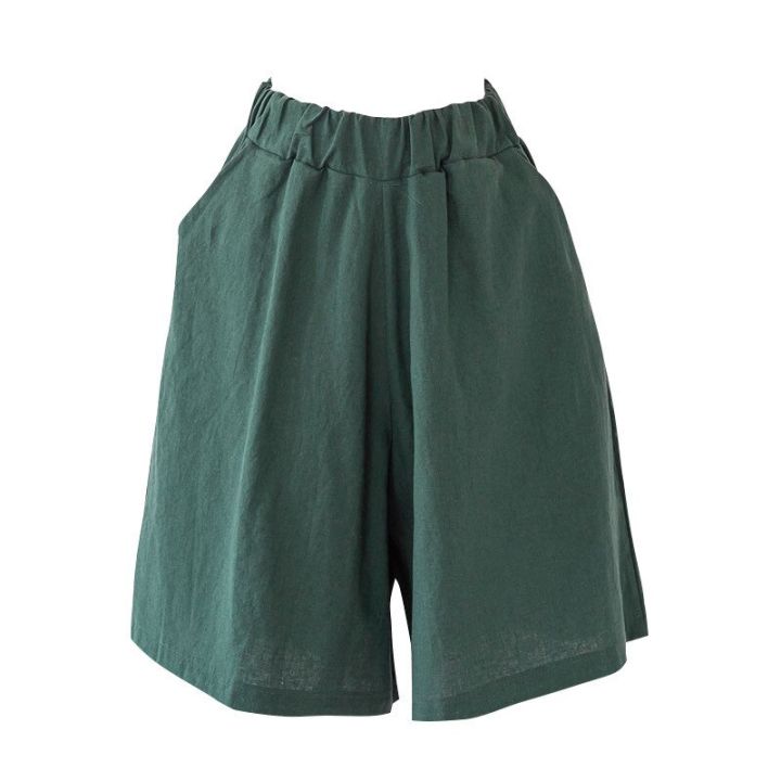 2023-summer-cotton-linen-shorts-women-large-size-cotton-linen-short-pants-high-waist-elastic-waist-knee-length-pockets-shorts