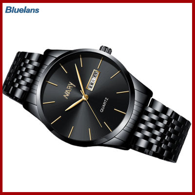 Bluelans®NARY ปฏิทิน Scratch-Resistant รอบหน้าปัดสแตนเลสสตีลเข็มขัดนาฬิกาข้อมือควอตซ์