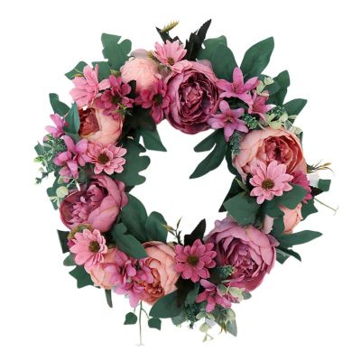 Artificial Peony Flower Wreath Handmade Vintage Blooming Garland with Green Leaf W0YA