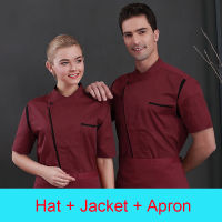 Short Sleeve Chef Uniform Ho Kitchen Jacket Red Catering Cook Clothes Cafe Female Kitchen Apron Restaurant Cooking Hat