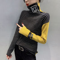 #3807 Spring Striped Knitted Sweater Women Turtleneck Knitted Tops Harajuku Tight Spliced Color Elastic Sweaters Ladies Pullover