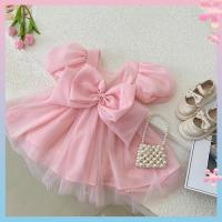 JianZhuZhuangShiGongChengYou Girls dress summer 2022 new western style yarn big bow short sleeve princess for baby girl