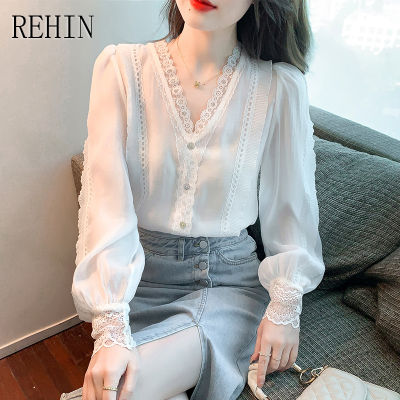REHIN เสื้อลูกไม้คอวีสำหรับผู้หญิง,เสื้อแขนยาวผ้าชีฟองนางฟ้าคอวีลูกไม้สีขาวแฟชั่นใหม่ฤดูใบไม้ผลิ