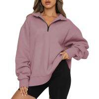 สตรี Casual Lapel Collar 1/4 Zip Pullover เสื้อแขนยาวขนาดใหญ่หลวมสีทึบ Activewear Tunic Top