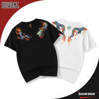 Suikone เสื้อยืดแขนสั้นผู้ชาย,ผ้าฝ้ายปักลายมังกรชุดสไตล์ Sleeve ครึ่งตัวชาติพันธุ์