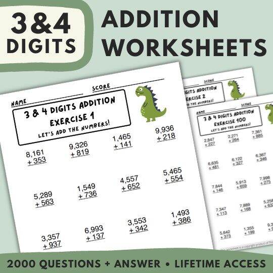 [2000 Questions] 3 &amp; 4 Digits Addition Worksheets With Answer ...