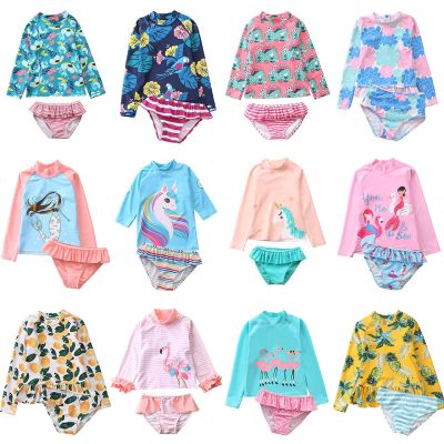 ❐☏ Swimsuit for Girls Two Piece Unicorn Mermaid Swimwear Child Long Sleeves Toddler Infant Baby Girl Bathing Suit Rash Guard Kids
