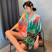 Women Summer New Satin Silk Pyjamas Sets Short Sleeve Tops Shorts Vintage Floral Print Sleepwear Girls Casual Loose Homewear