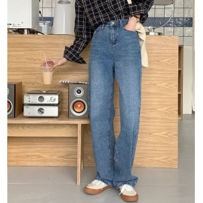 Basic Versatile Straight Jeans Washed High Waist Wide Leg Pants Autumn Mopping Pants Dad Pants Girl