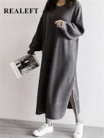 REALEFT Autumn Winter Oversize Womens Knitted Dresses 2023 New O-Neck Side Split Loose Long Sleeve Sweater Dress Female