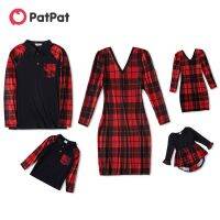 △☋✜ PatPat Christmas Red Plaid Family Matching V Neck Long-sleeve Dresses and Splicing Lapel T-shirts Sets