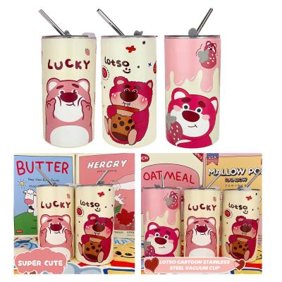 600ML Cartoon Strawberry Bear Straw Cup Stainless Steel Drinking Cup Ice Cup Vacuum Preservation U2C1