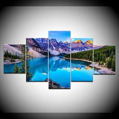 Moraine ทะเลสาบภูเขาภูมิทัศน์ผ้าใบพิมพ์ผนังศิลปะโปสเตอร์ภาพวาดภาพ HD พิมพ์5แผงประดับห้องตกแต่งบ้าน