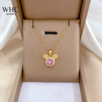 WHC Jewelry Kalung Baja Tahan Karat Liontin Mickey คริสตัลเงางามหรูหราสำหรับผู้หญิงดีไซน์เรียบง่าย