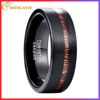 BONLAVIE Mens 8MM Wide Tungsten Carbide Ring Matte Black Acacia Wood Inlaid Tungsten Steel Ring High Polished Comfort Fit US Size 6-15