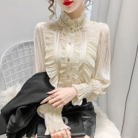 Gothic Beading Shirts Women Blouse Victorian Tops Ruffled Stand Collar Chiffon Shirts Long Sleeve Women Clothing OL Blusas Femme