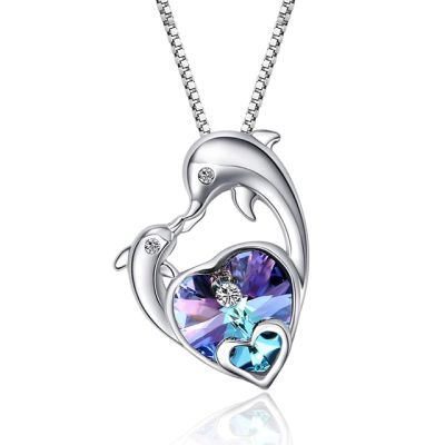 JDY6H Cute Fashion Income Heart Shaped Dolphin Pendant Necklace Ladies Anniversary Birthday Mother Day Ocean Jewelry Gift