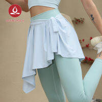 Moving สีพีชสำหรับผู้หญิงกระโปรงโยคะความรู้สึกเย็นขนาดป้องกันรังสียูวีแบบ2ทางน้ำหนักเบามีสายคาดรายละเอียดบล็อคอูฐนิ้วเท้าพิลาทิส AKA